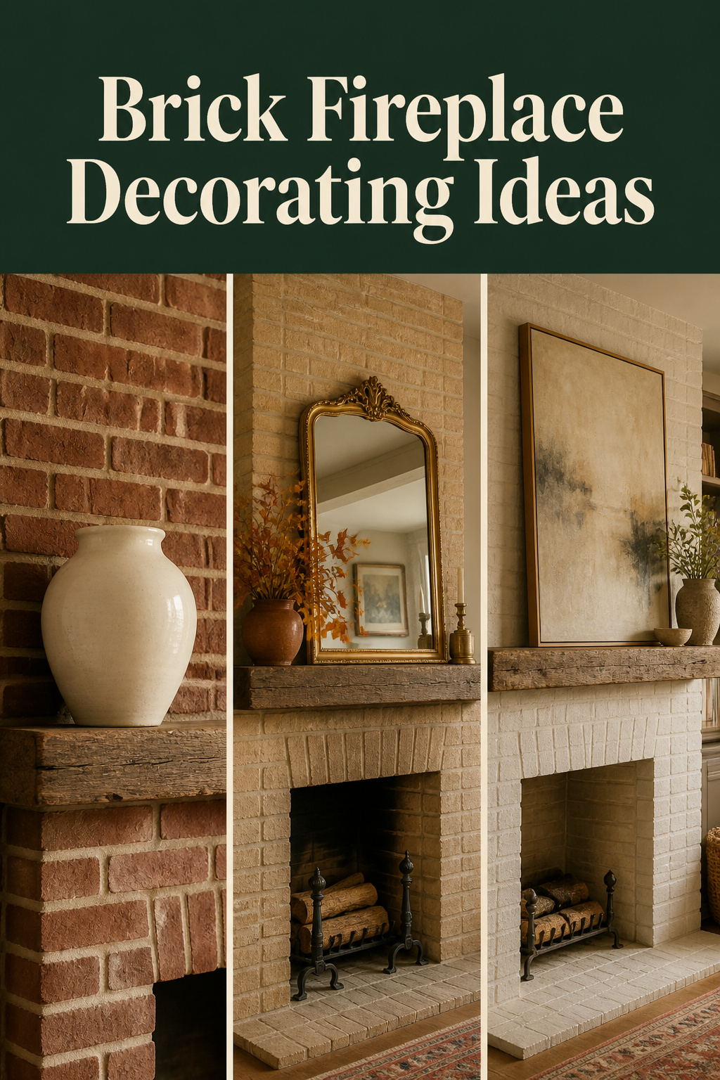 Three-panel Pinterest pin showing brick fireplace decorating ideas including ceramic vases, autumn foliage and a limewashed finish with artwork