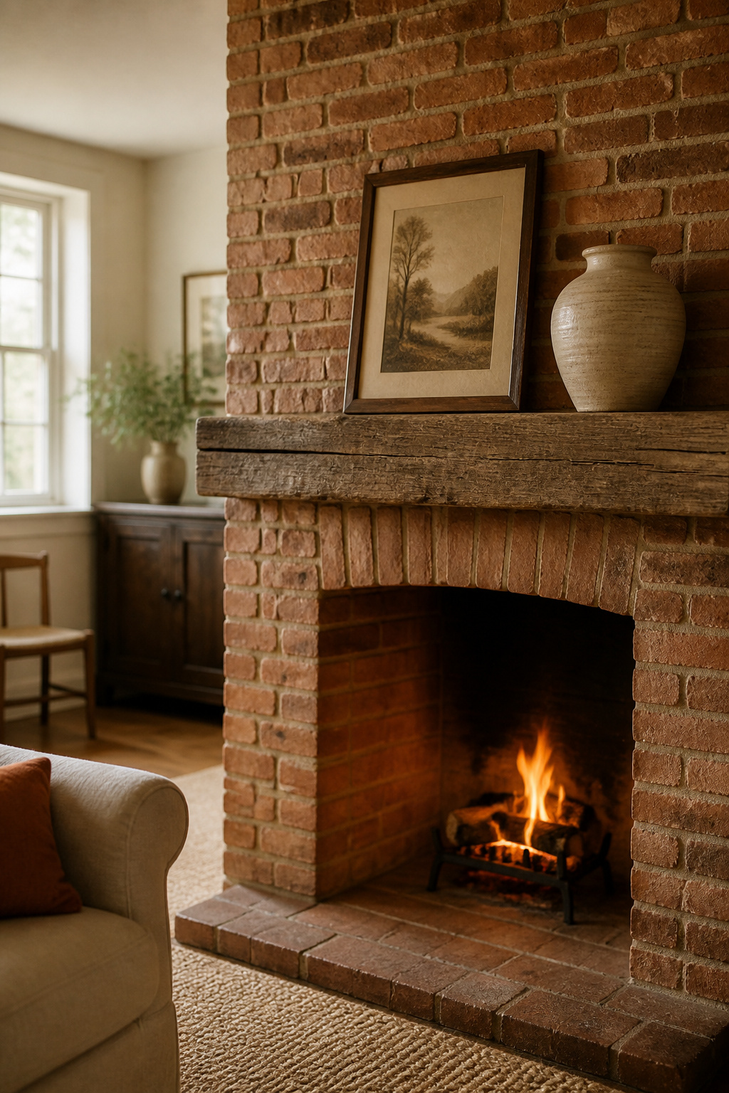 Warm red brick fireplace surround with reclaimed timber mantel shelf holding a large ceramic vessel and leaning framed art
