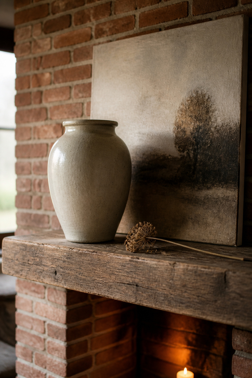 Brick fireplace mantel with a large off-white stoneware vessel and leaning canvas creating smooth contrast against the rough brick texture behind