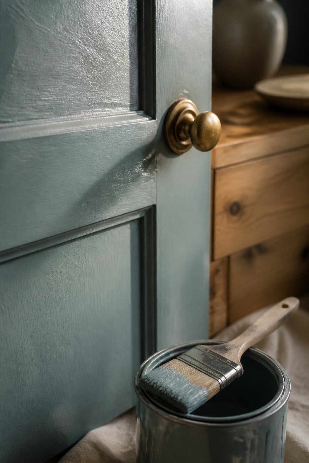 Close-up of a dusty blue-green cabinet door showing brush-textured paint and a paint tin with a brush resting on it