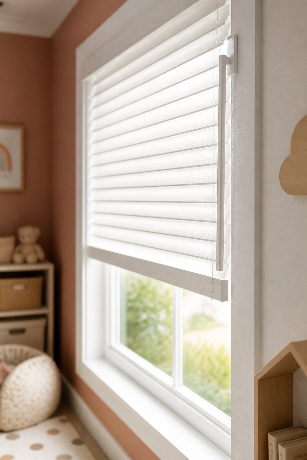 White cordless faux wood mini blinds on a kids' room window, an affordable safe window treatment option