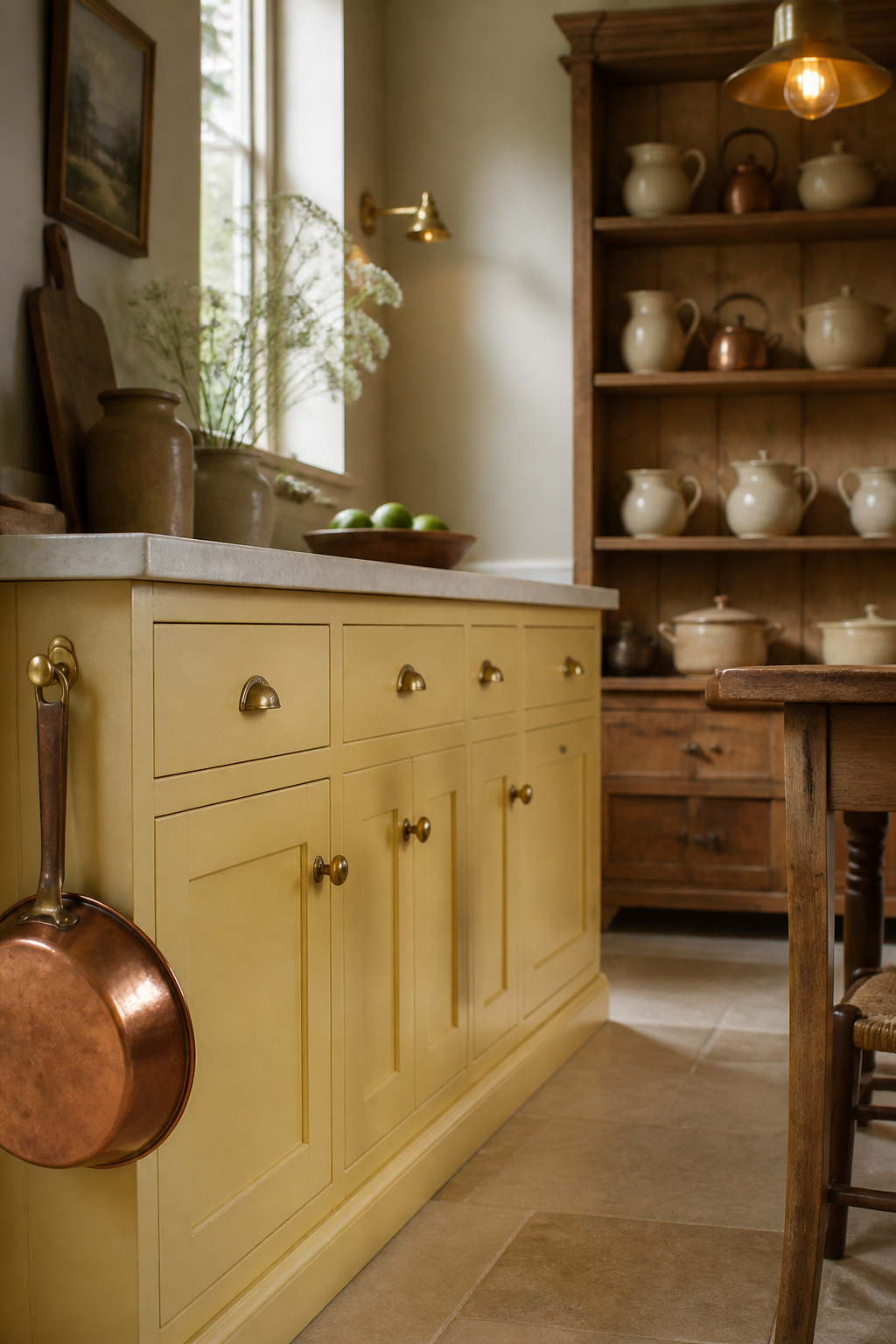 Budget cottage kitchen makeover with butter-yellow painted shaker cabinets, brass hardware, open pine shelving and cream enamelware
