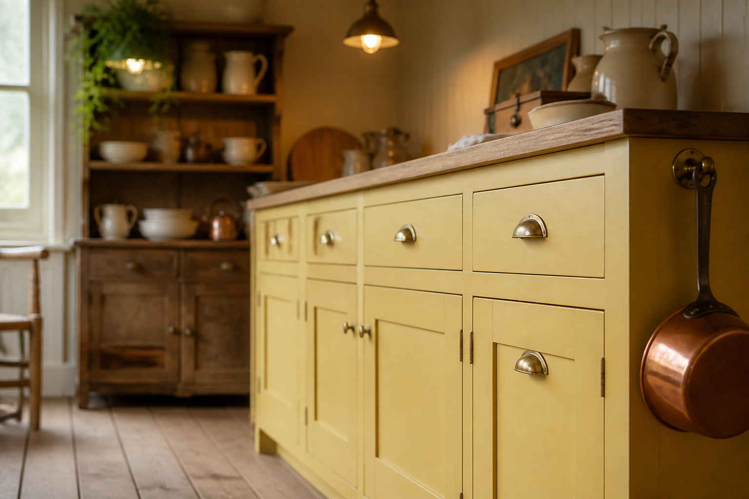 Budget cottage kitchen makeover with butter-yellow painted shaker cabinets, brass hardware, open pine shelving and cream enamelware
