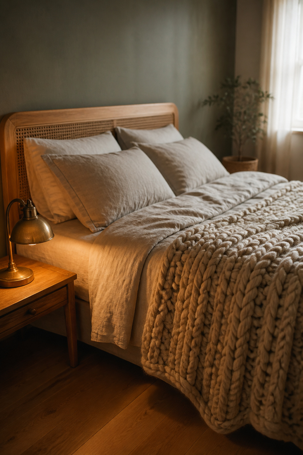 Cozy bedroom on a budget with layered oatmeal linen bedding, a wool throw, and a small secondhand brass lamp