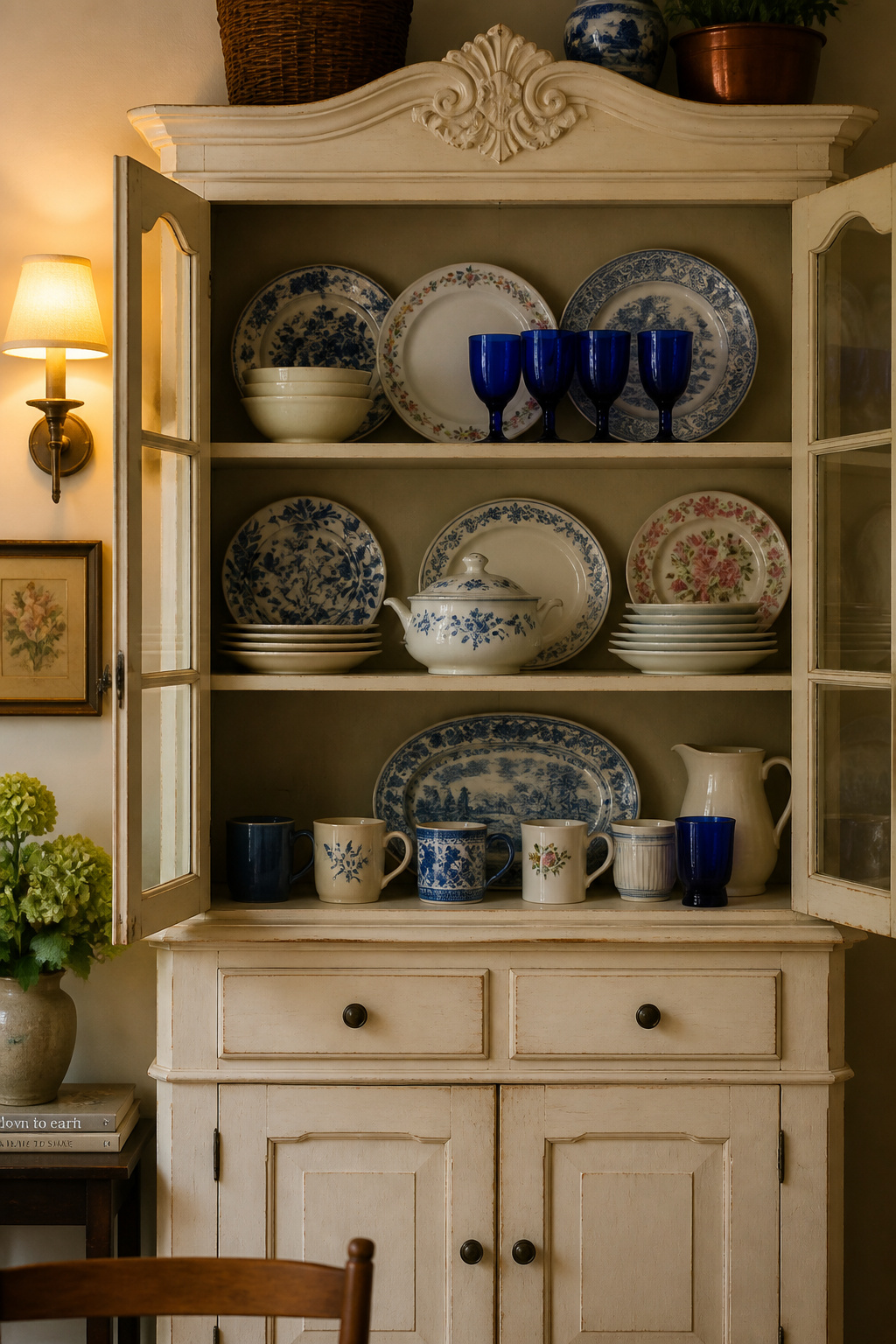 Vintage china cabinet painted cream and styled with mixed pattern vintage dinnerware and cobalt glasses