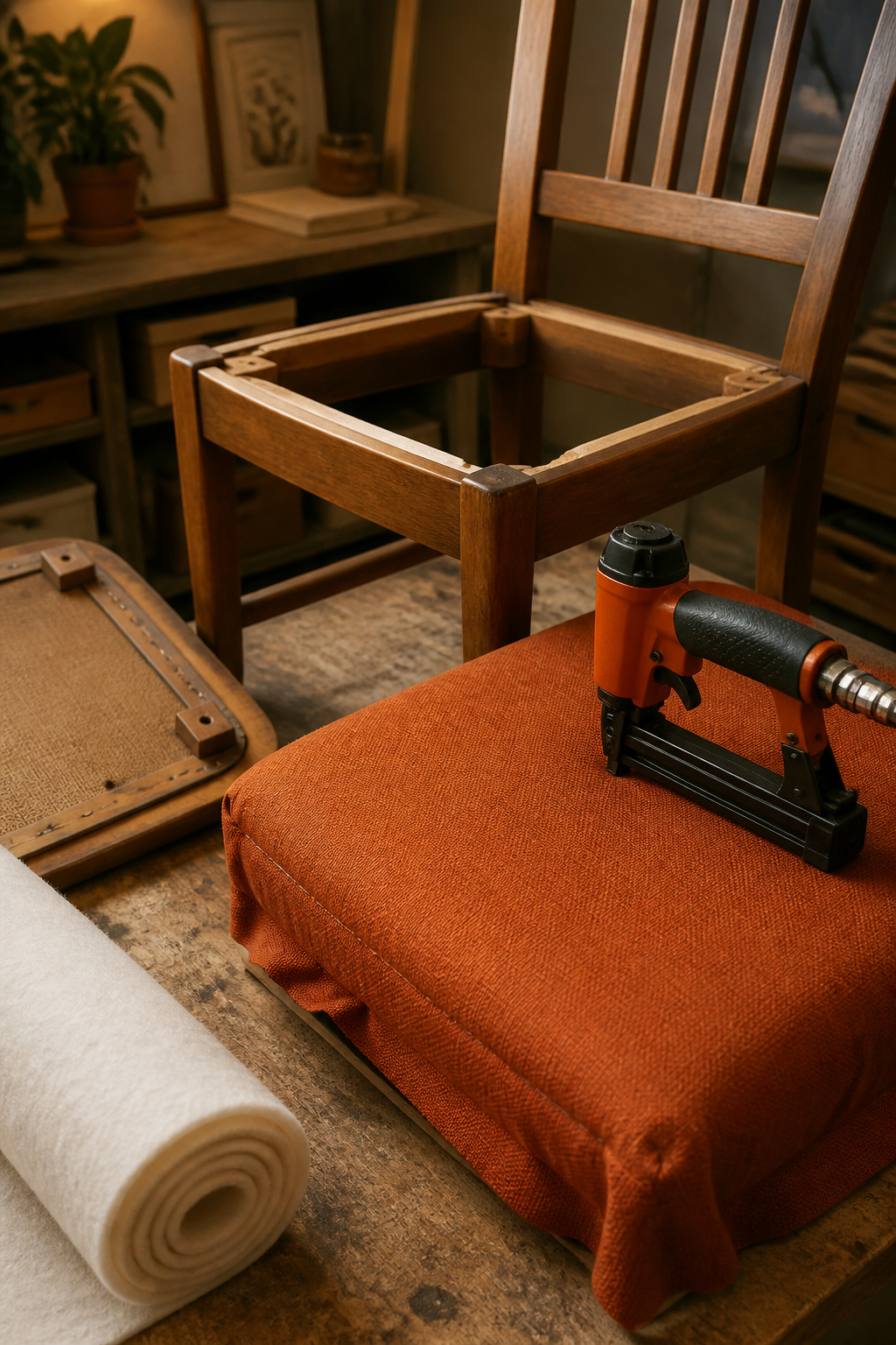 Close-up of a dining chair seat being reupholstered with rust fabric and a staple gun