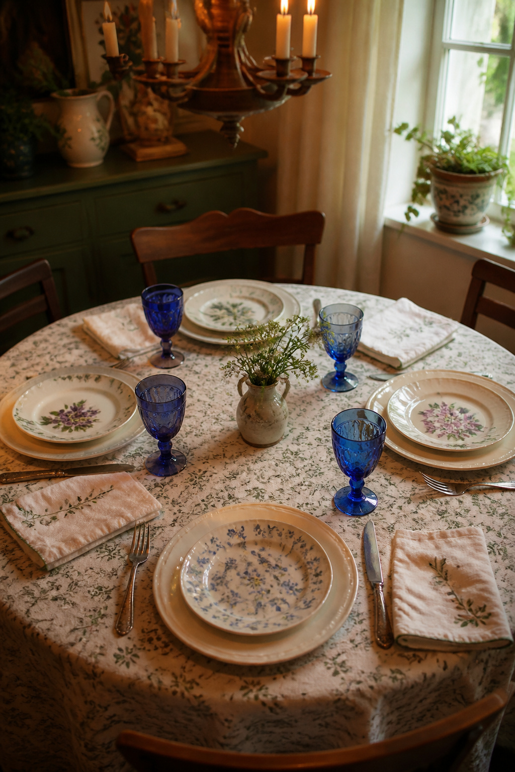 Eclectic tablescape with mixed vintage dinnerware including floral plates, cobalt glasses, and embroidered linen napkins