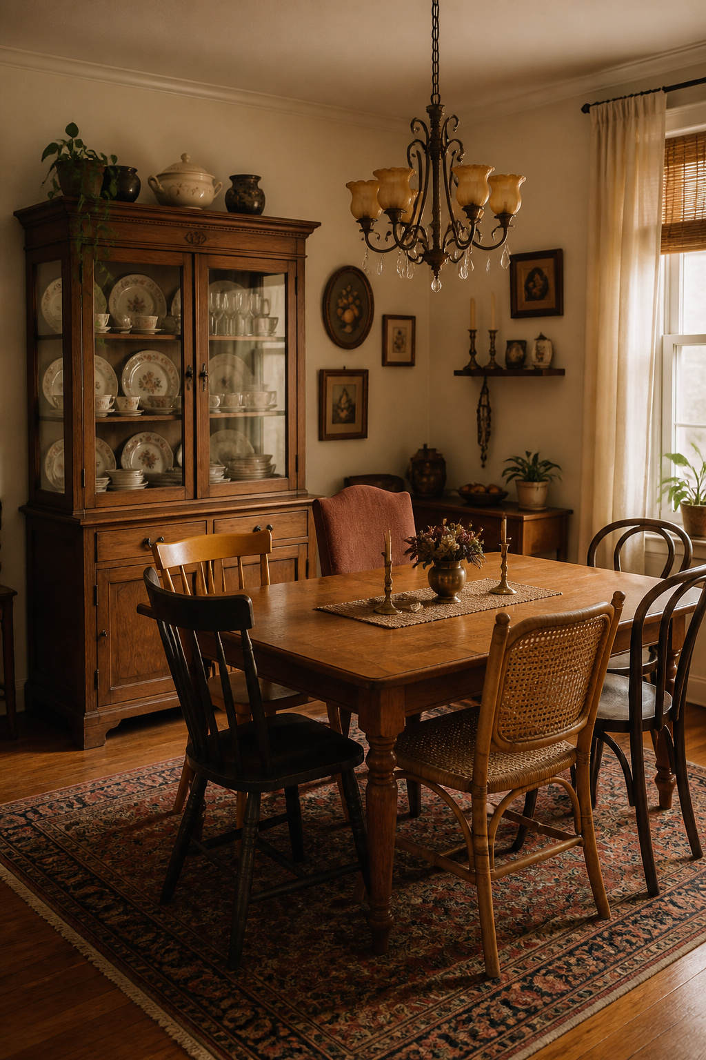 Fully assembled budget eclectic dining room with mismatched chairs, vintage china cabinet, and brass chandelier