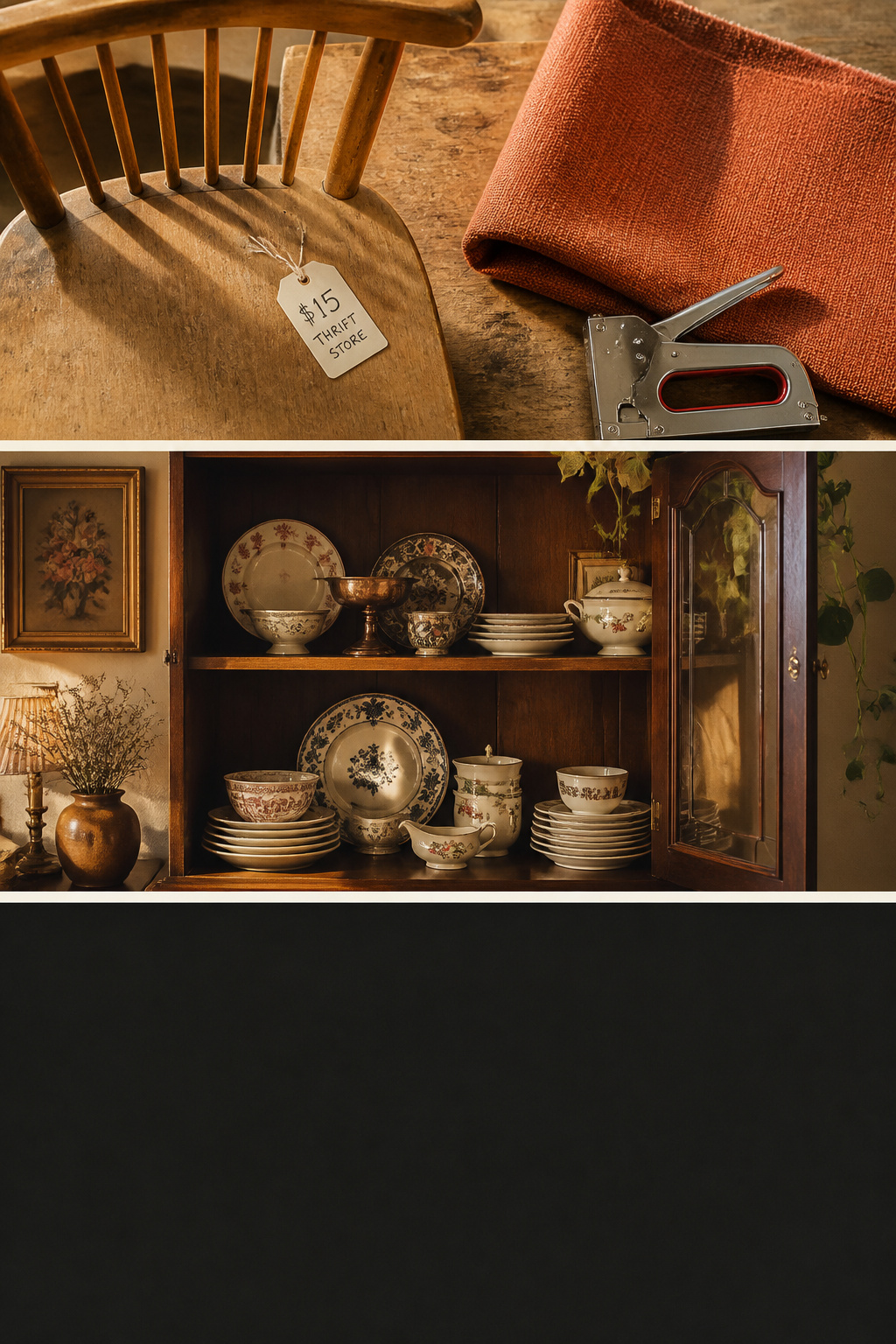 Pinterest guide to assembling a budget eclectic dining room with thrifted chairs, reupholstery, and vintage china cabinet finds