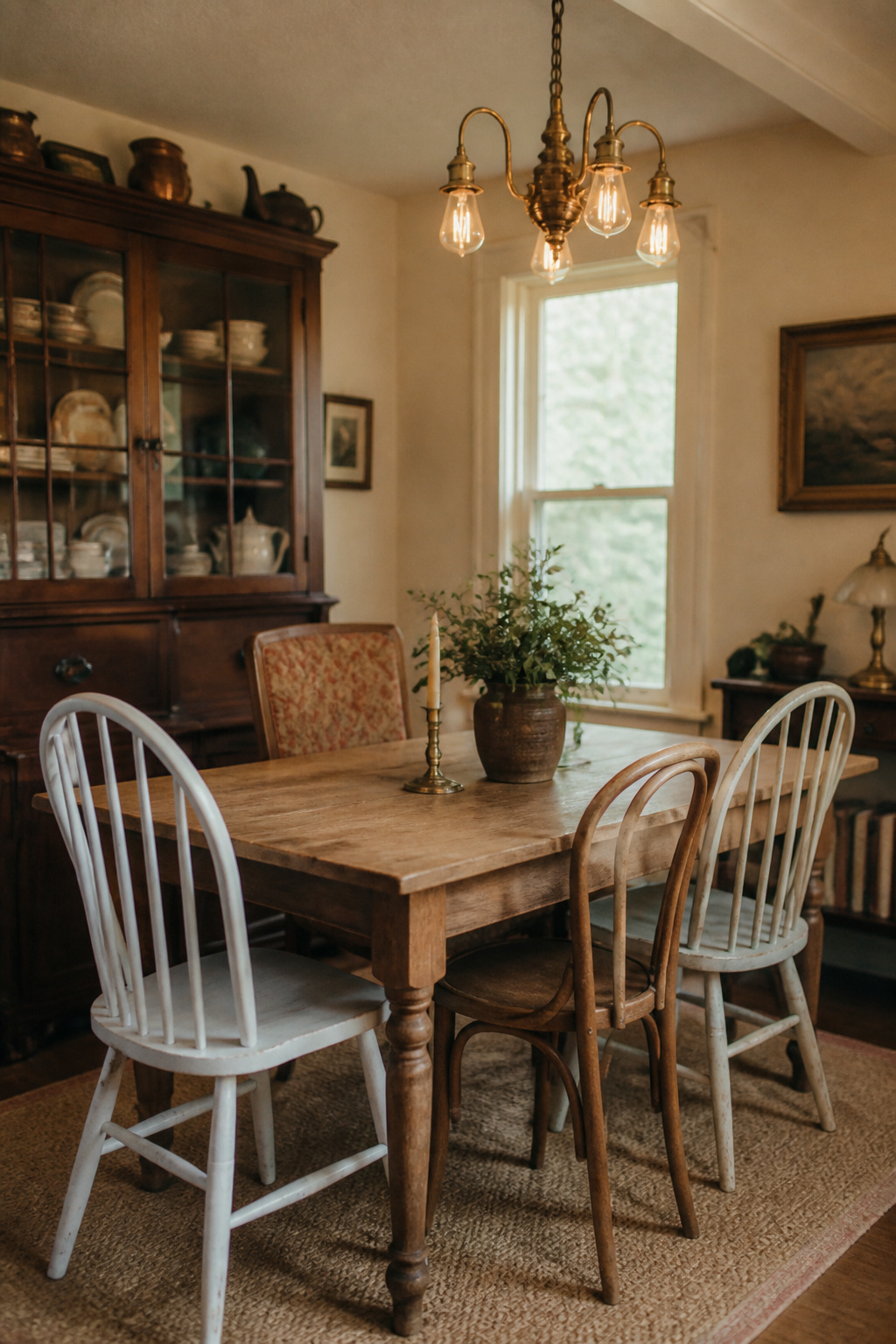Budget eclectic dining room with mismatched thrifted chairs, vintage china cabinet, and rewired brass chandelier