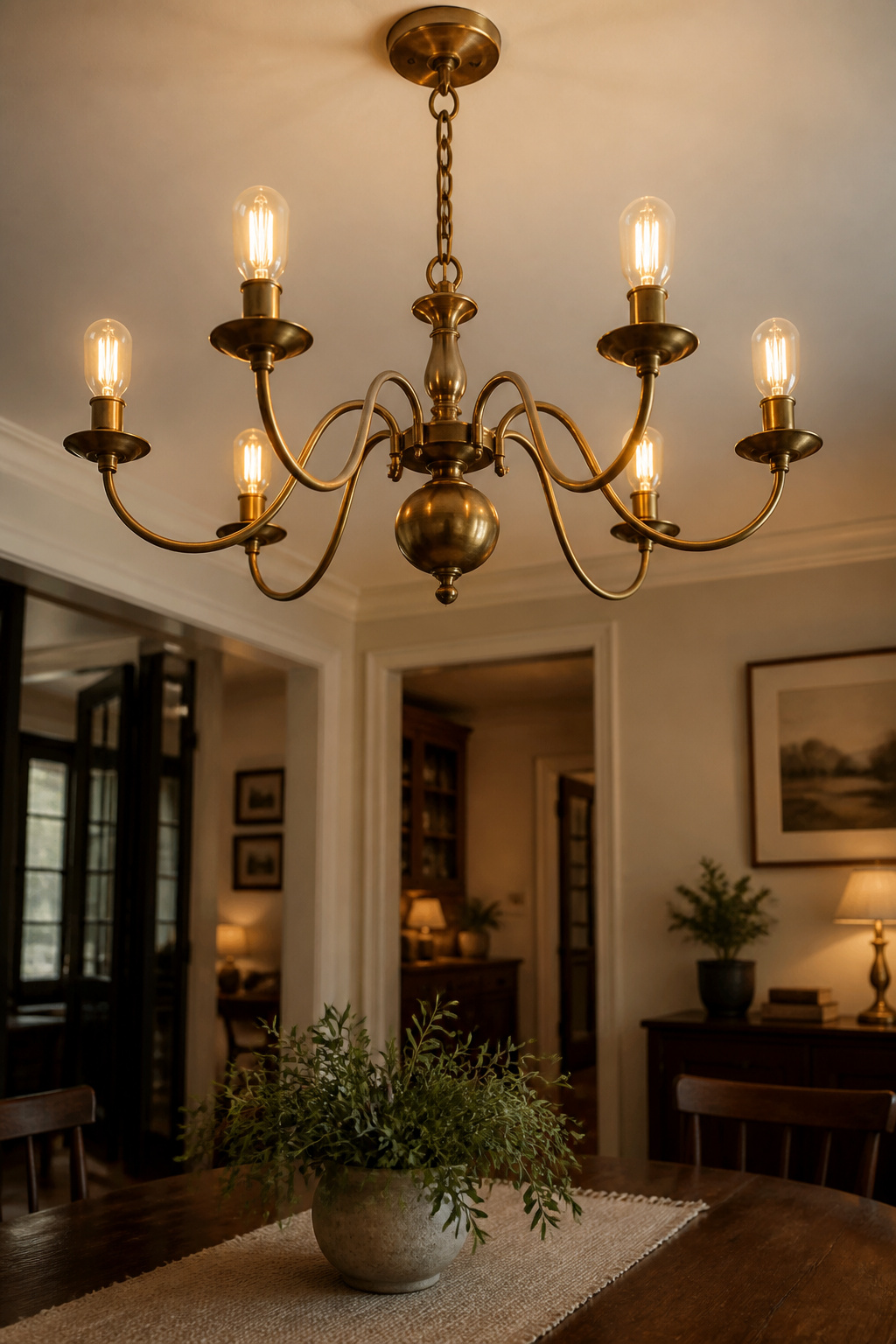 Vintage brass chandelier with Edison bulbs hanging over an eclectic dining table