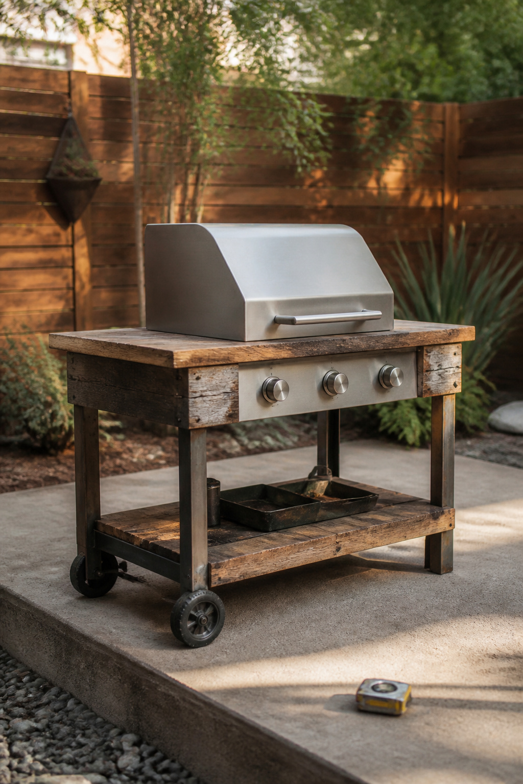 Compact freestanding grill cart on a plain concrete patio slab in a modest backyard