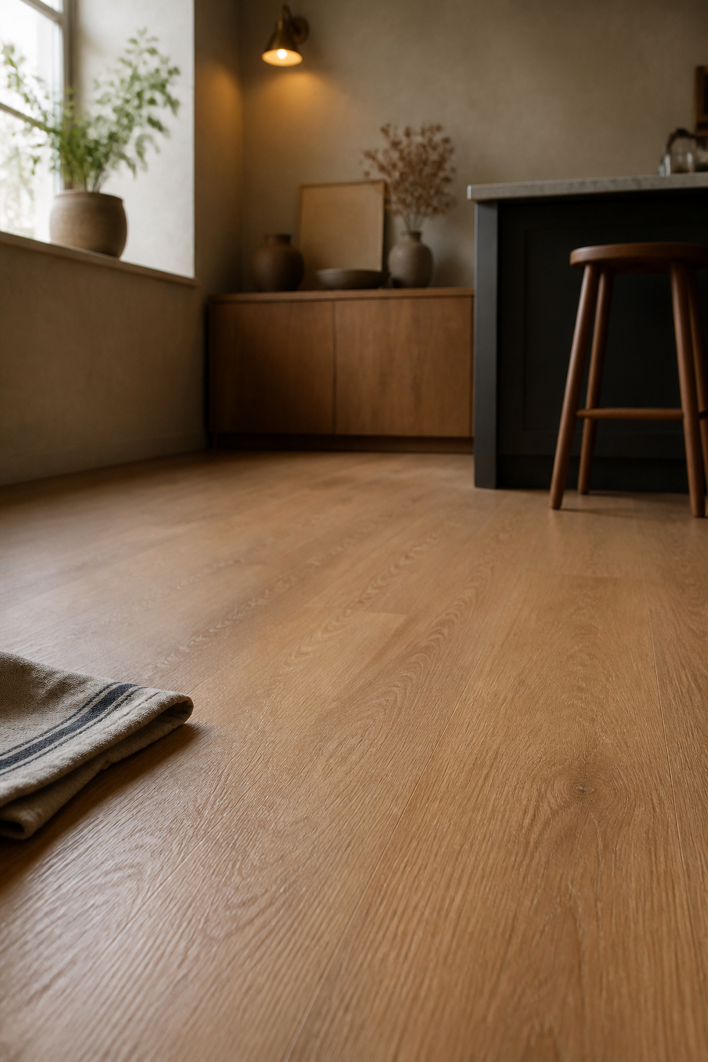 Close-up of honey oak-look sheet vinyl kitchen flooring with an unbroken, seamless run