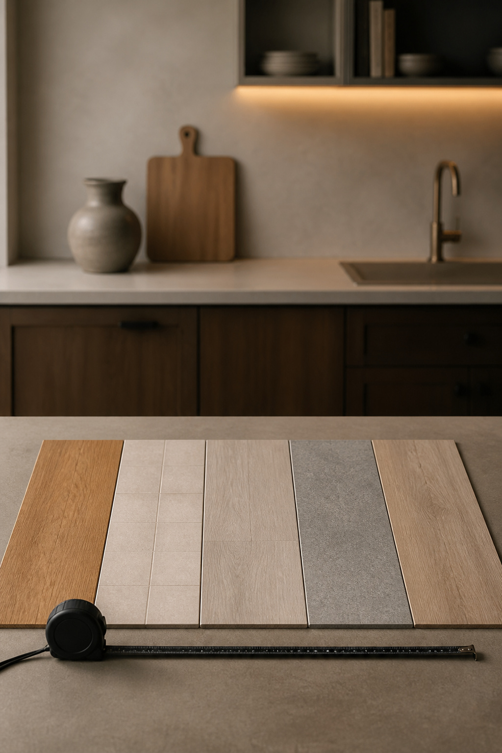 Five budget kitchen flooring samples — sheet vinyl, peel-and-stick tile, laminate, porcelain and LVP — laid side by side for comparison