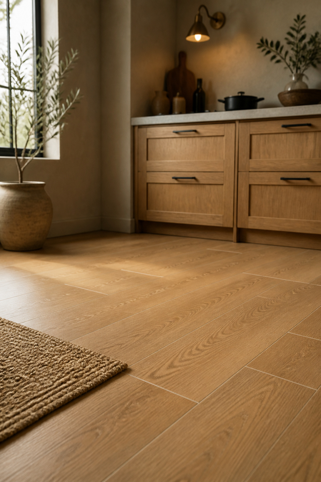 Honey oak-look peel-and-stick vinyl floor tile laid in a tight grid across a kitchen, photographed low and floor-forward with warm oak cabinetry blurred behind it