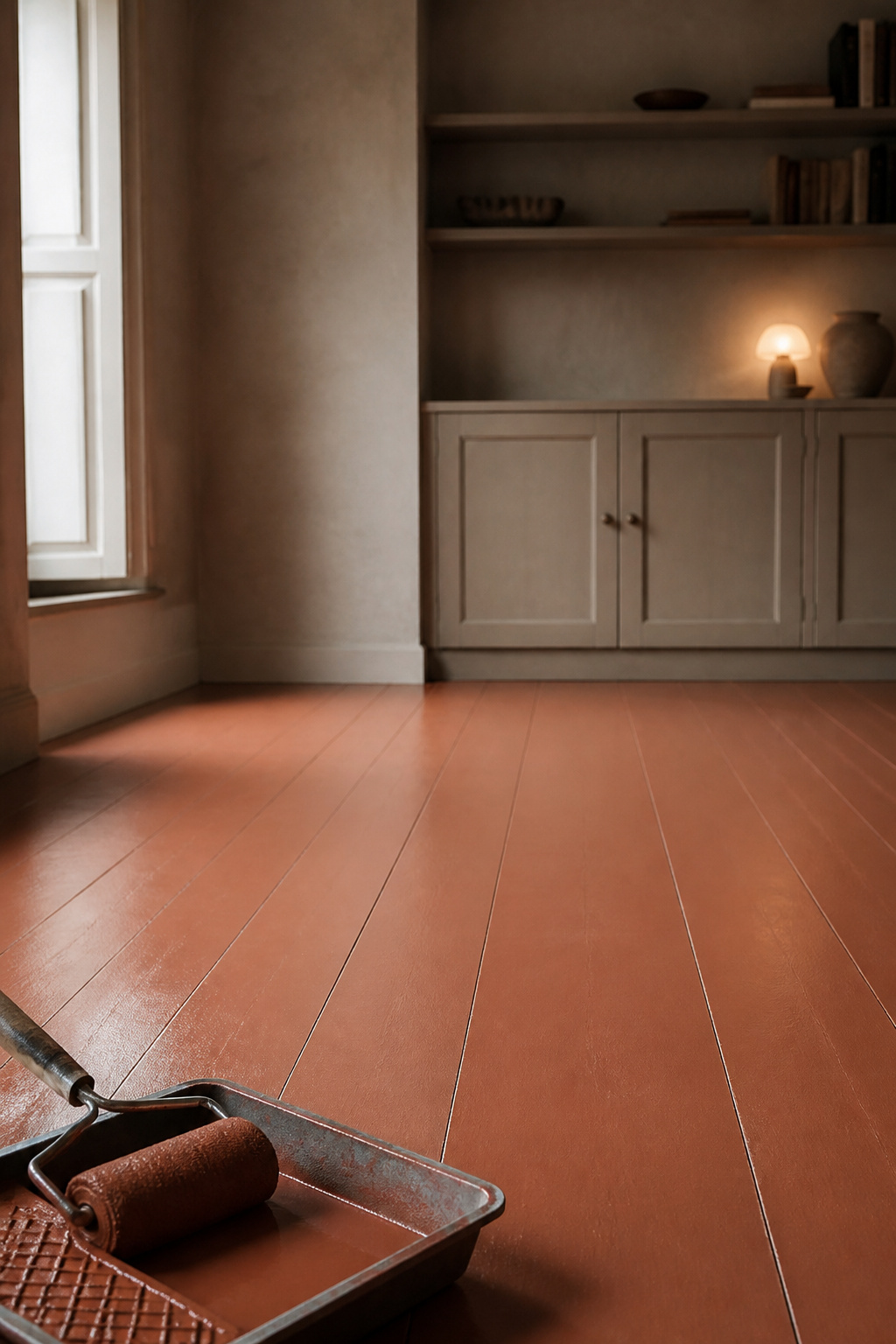 Freshly painted warm terracotta-toned wood kitchen floor with a satin finish and a paint roller resting at its edge