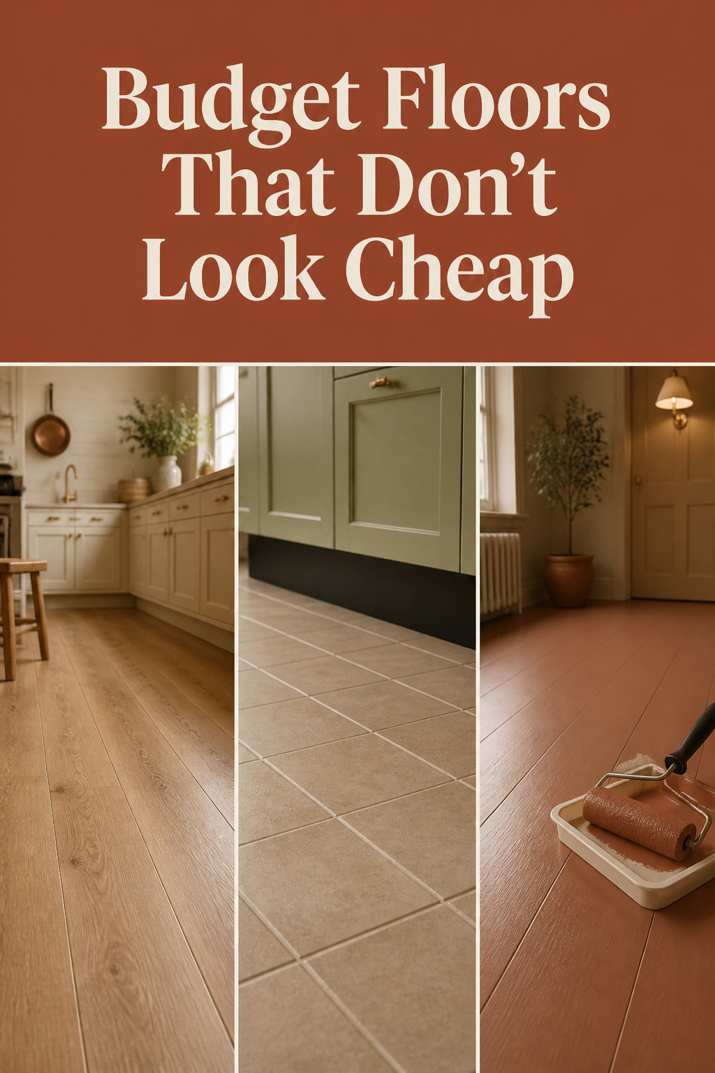 Three-panel Pinterest collage of budget kitchen floors — sheet vinyl, peel-and-stick tile and a painted wood floor — with a burnt sienna text band reading Budget Floors That Don't Look Cheap