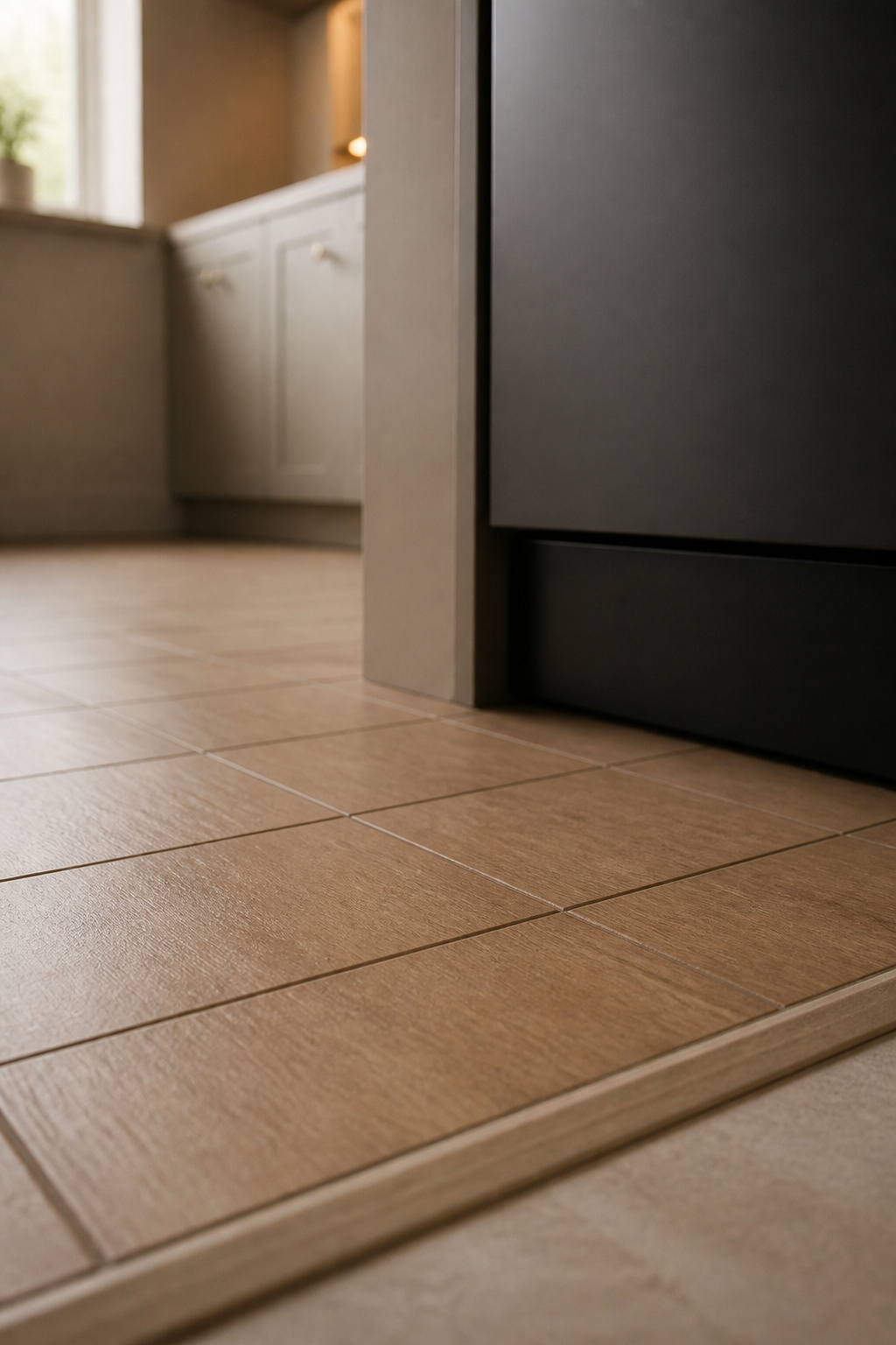 Honey oak-look peel-and-stick vinyl floor tile laid in a tight grid meeting a matte black dishwasher toe kick