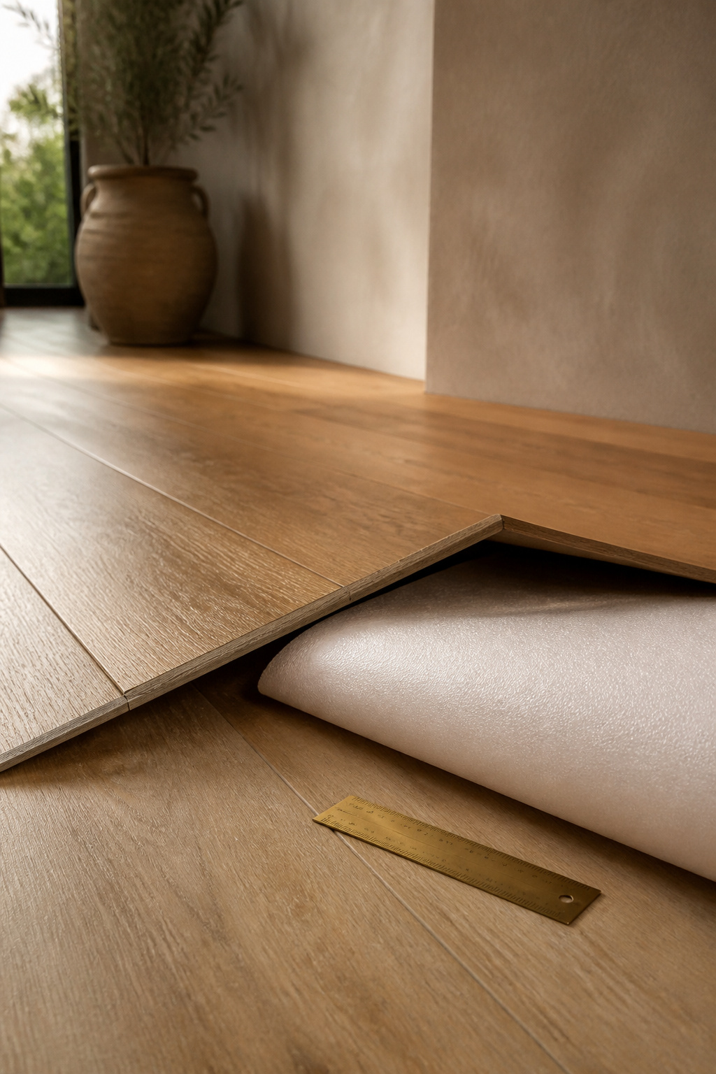 A corner of honey oak-look vinyl plank flooring lifted to reveal a thin foam underlayment layer beneath it
