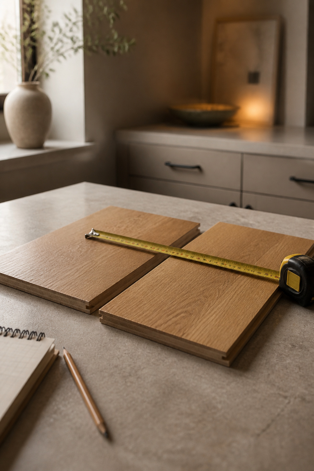 A tape measure stretched across honey oak-look flooring samples on a kitchen countertop, with a pencil and notepad nearby