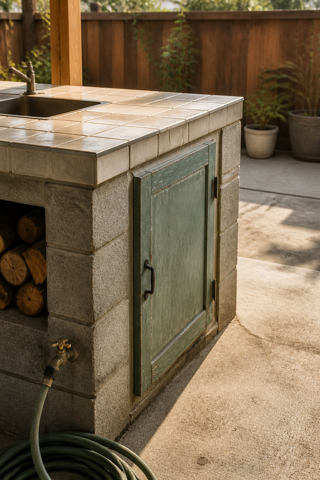 Budget outdoor kitchen with a concrete block frame, tile countertop and a repurposed cabinet door on a modest patio