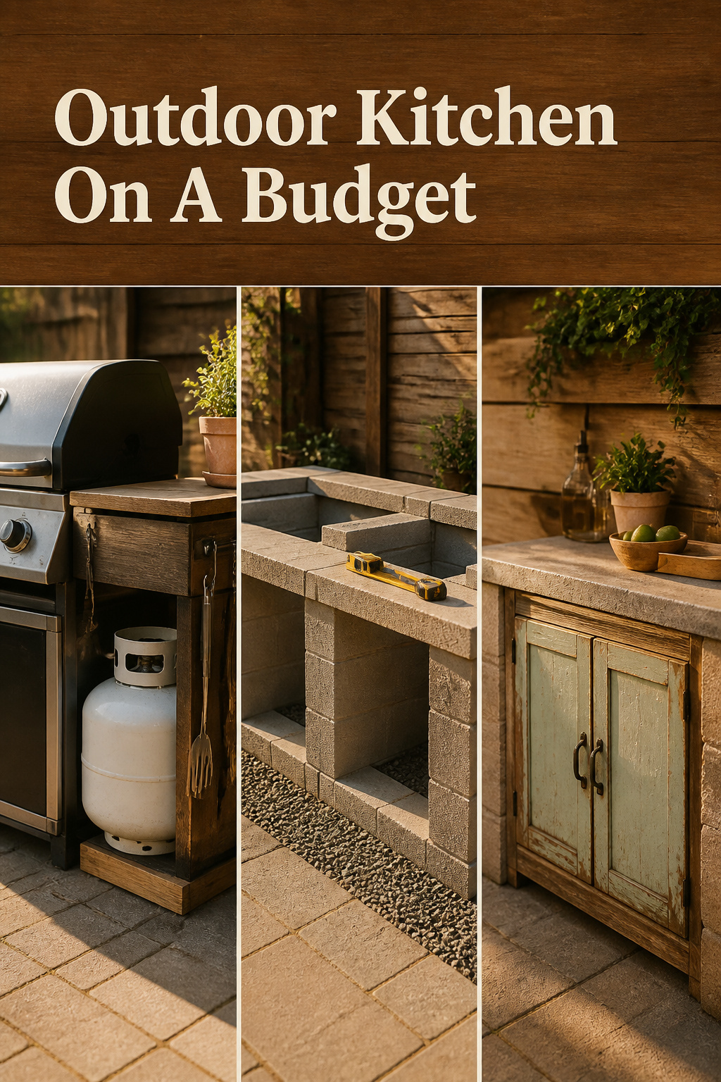 Three-panel collage of budget outdoor kitchen ideas including a propane tank setup, concrete block frame and salvaged cabinet with teak brown banner reading Outdoor Kitchen On A Budget