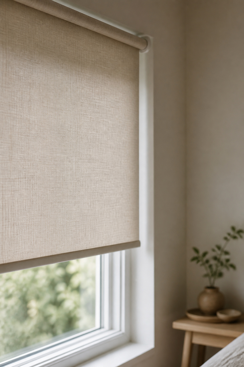 Budget-friendly light-filtering roller shade on a small bedroom window, an affordable material choice
