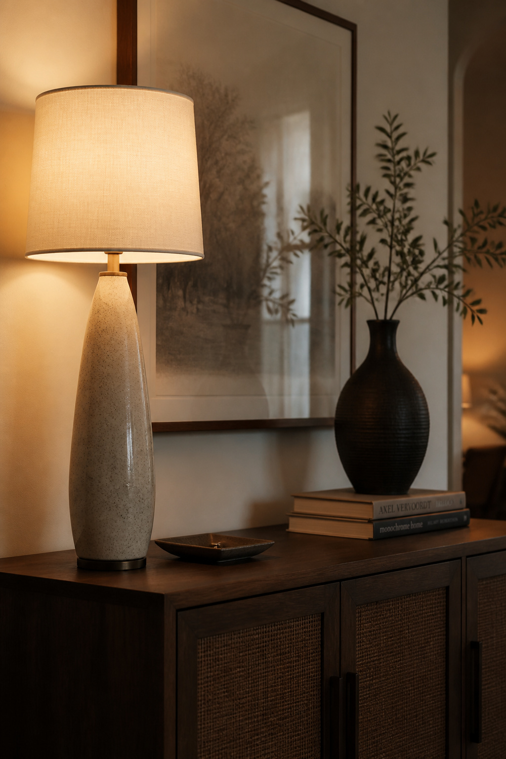 A sideboard with one ceramic buffet lamp balanced by a tall sculptural vase and art books on the opposite end