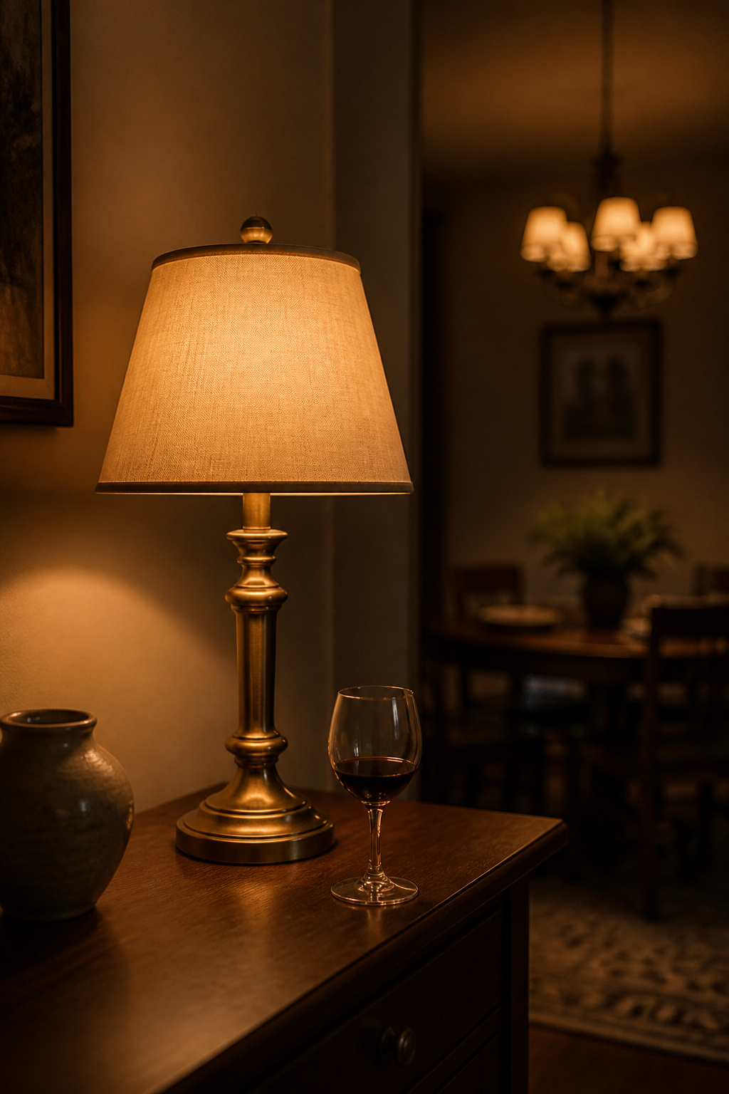A brass buffet lamp with linen shade dimmed to a warm amber evening glow on a sideboard in a dimly lit dining room