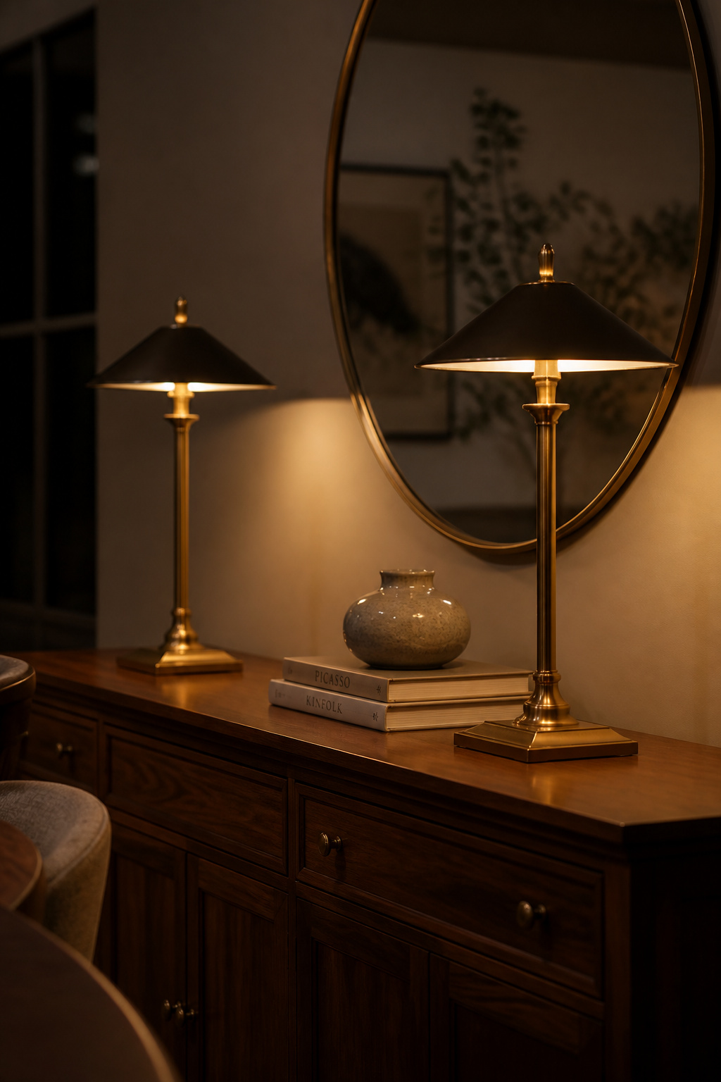 A walnut sideboard styled with a pair of glowing brass buffet lamps in a warm dining room at evening