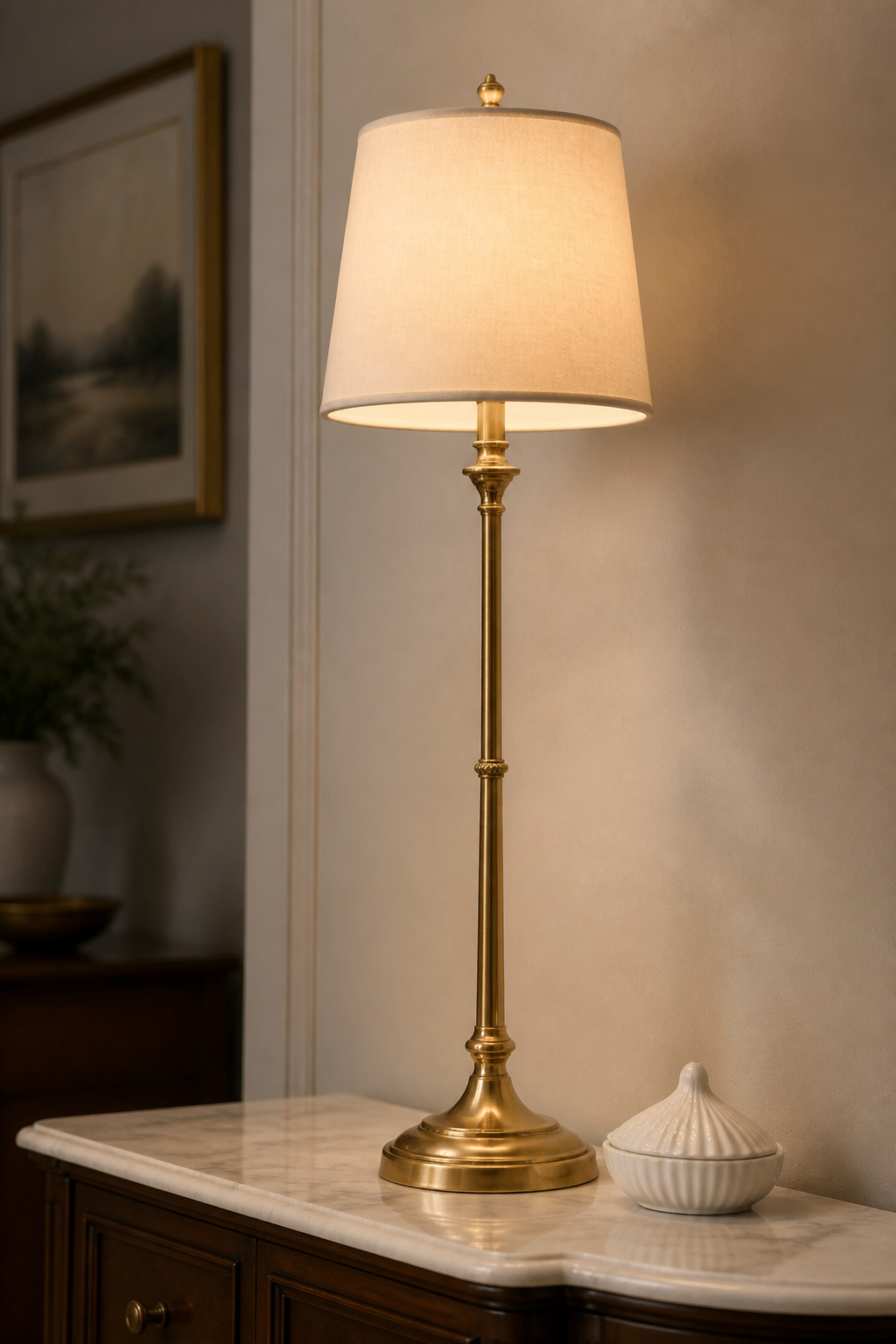 A brass buffet lamp with white linen shade on a marble-topped sideboard demonstrating the 32–36 inch height standard