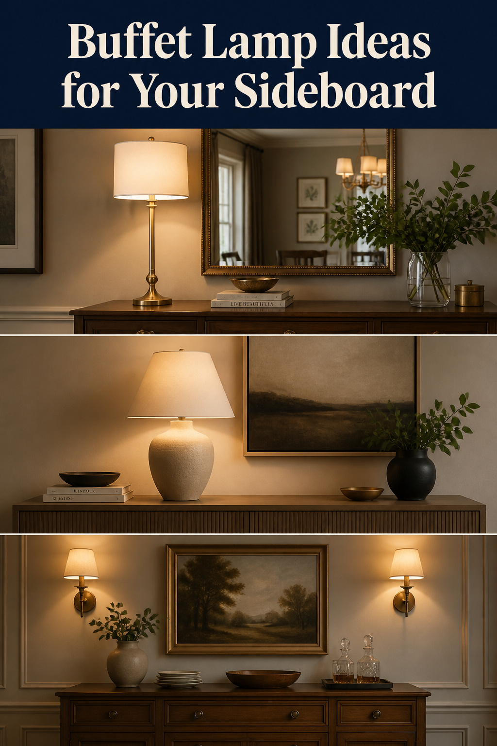 Three examples of buffet lamp and sideboard lighting ideas including brass lamps, ceramic lamps, and wall sconce alternatives