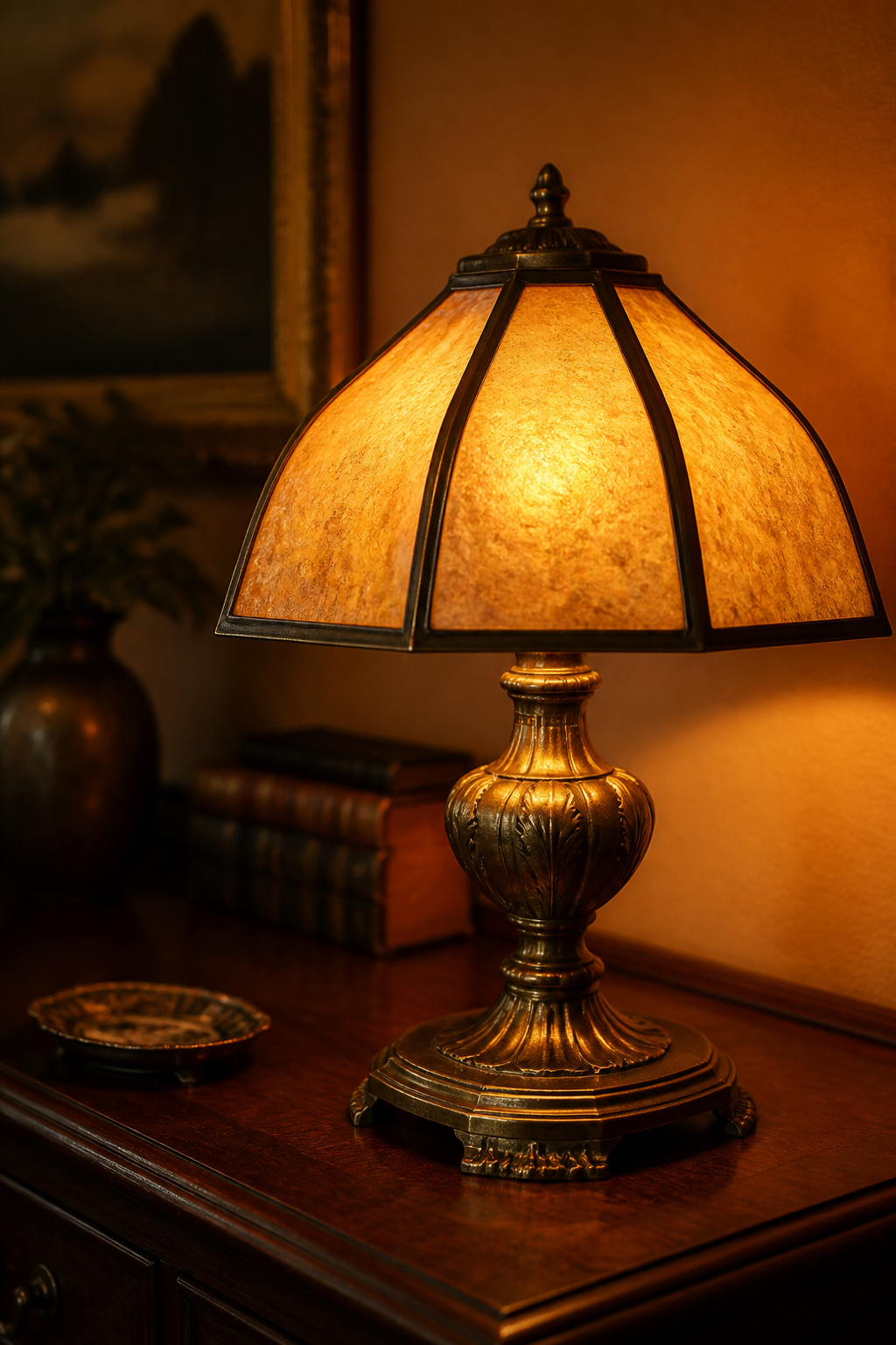 A close-up of a buffet lamp with an antique brass base and mica shade producing a warm amber glow on a sideboard