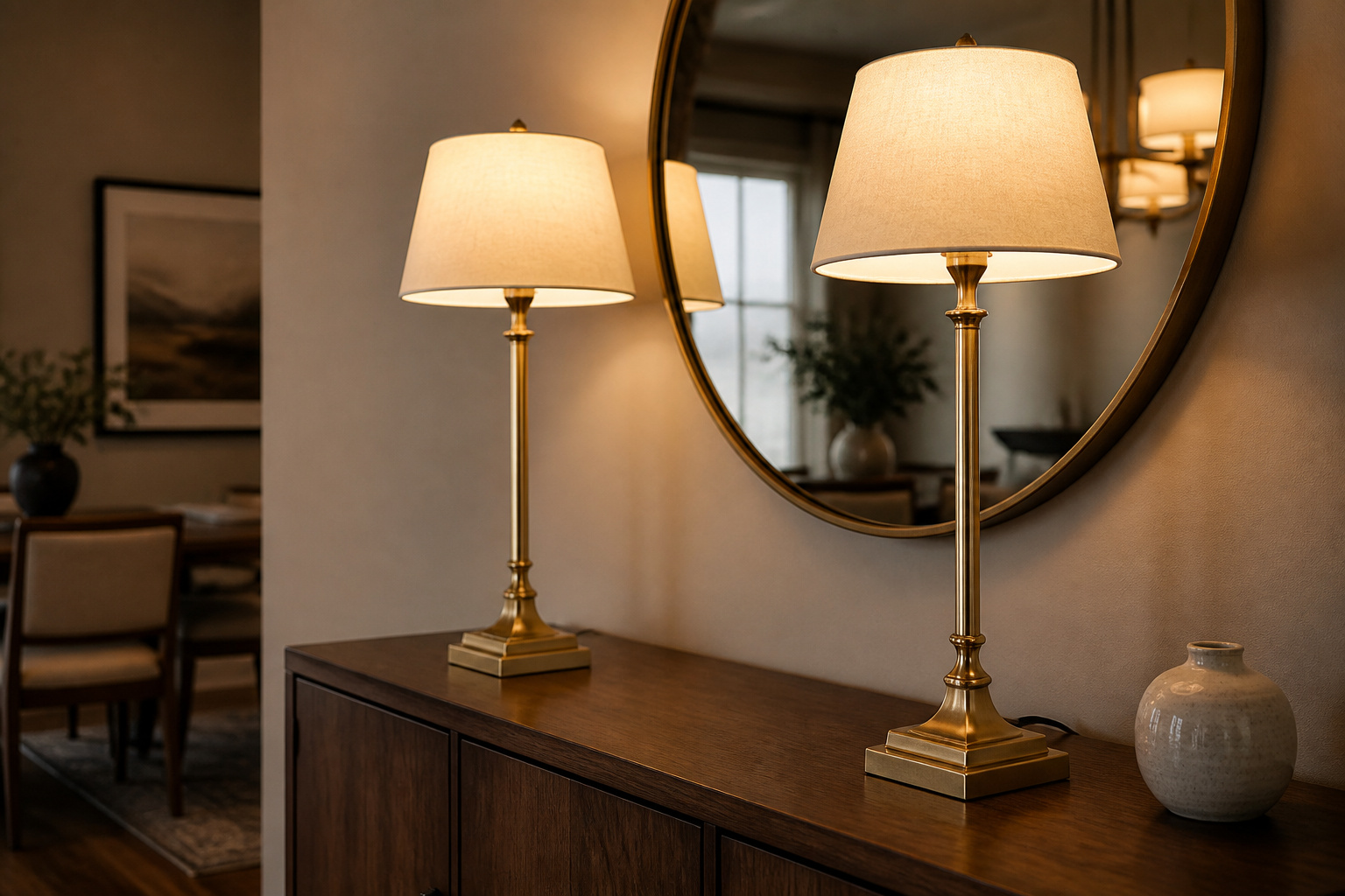 A pair of brass buffet lamps with cream linen shades on a walnut sideboard, flanking a round mirror in a dining room