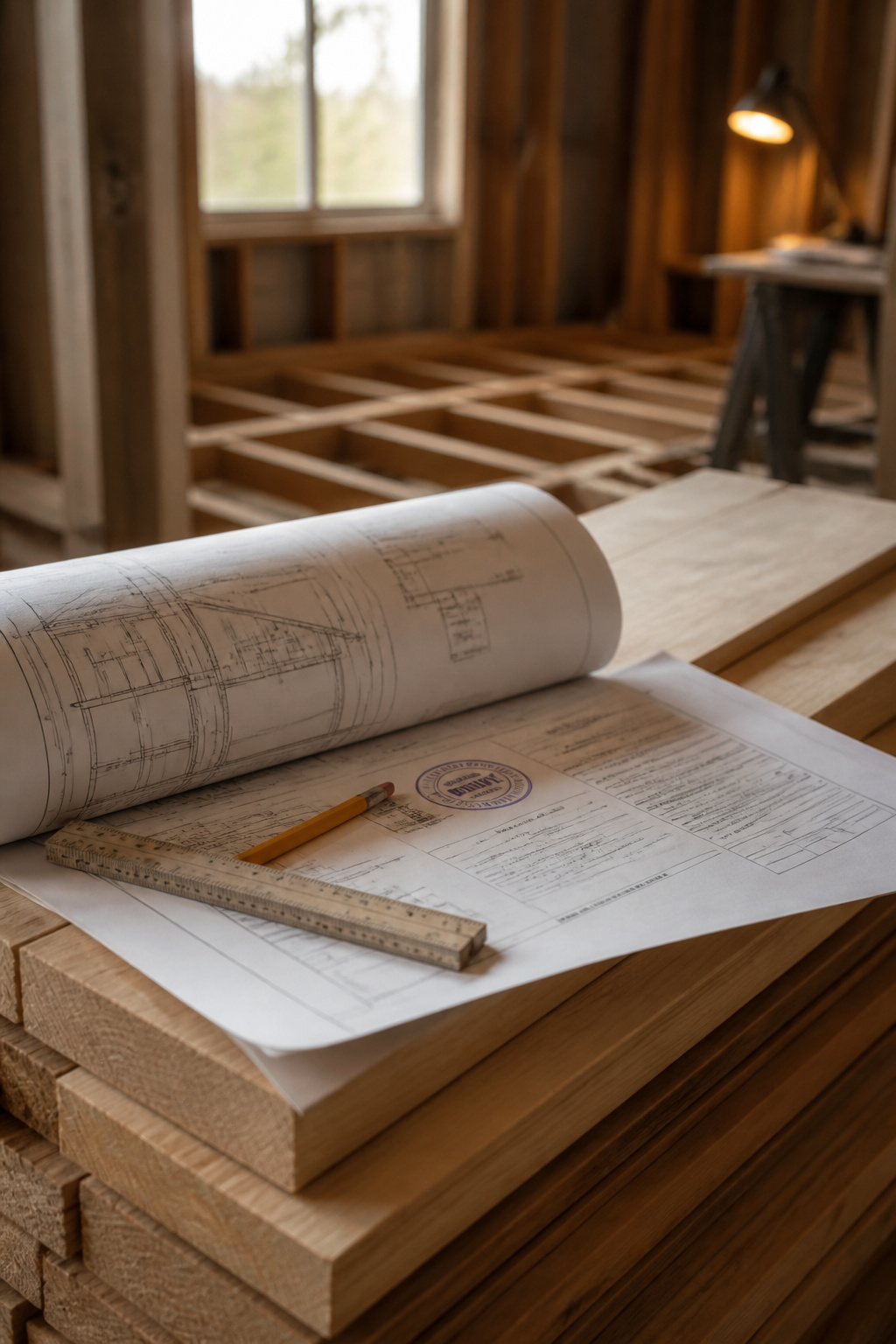 Rolled structural plans and a stamped building permit resting on a stack of lumber at a construction site