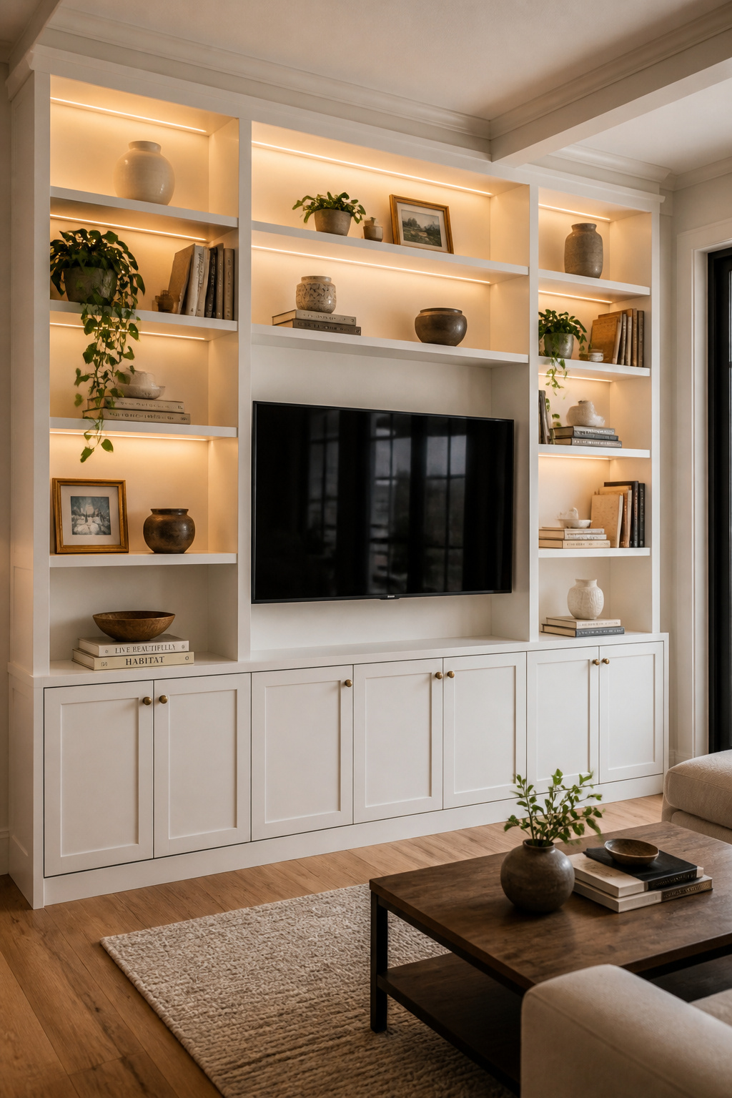 Living room TV wall with symmetrical floor-to-ceiling white built-in bookcases flanking a wall-mounted television