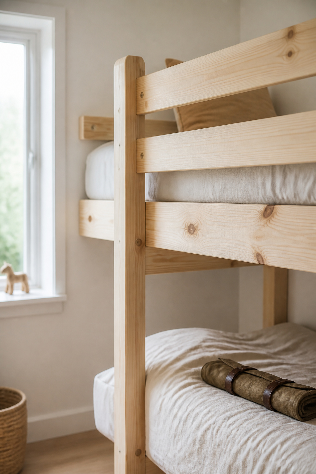 Built-in bunk bed frame attached to wall framing with a visible guardrail attachment point