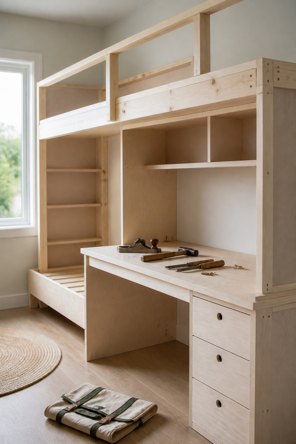 Partially built birch and pine built-in bunk and desk corner with tools resting on the unfinished desk surface