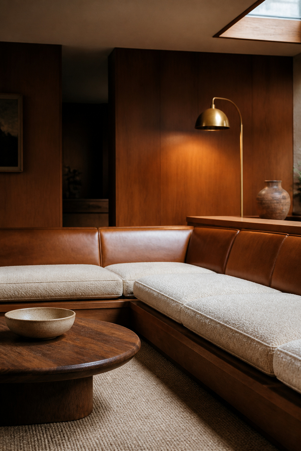 Built-in wraparound conversation pit with cognac leather and bouclé cushions around a walnut table