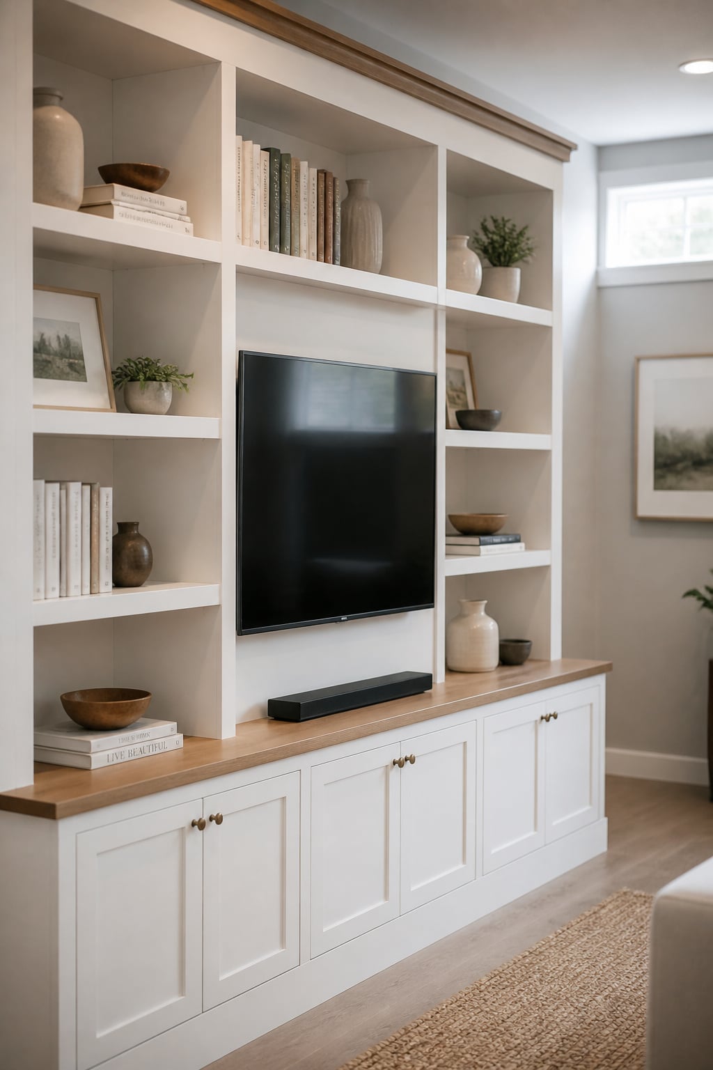 White-painted built-in shelving flanking a wall-mounted TV with books and ceramics on open shelves and closed storage below
