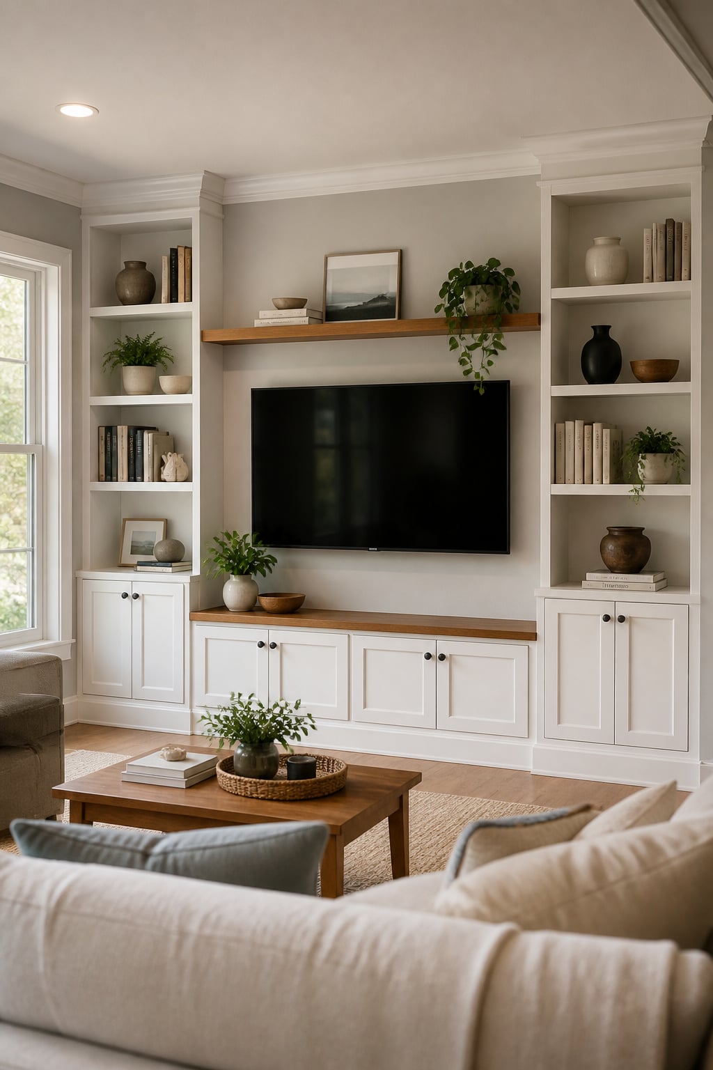 White built-in shelving flanking a wall-mounted TV in a living room, with books, ceramics and plants on open shelves above closed base cabinets