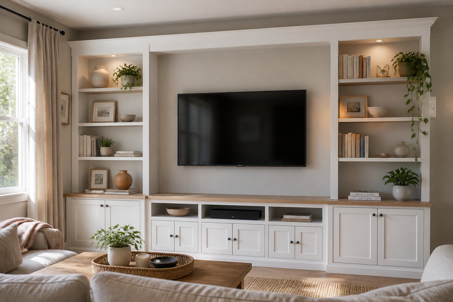 White built-in shelving flanking a wall-mounted TV in a living room, with books, ceramics and plants on open shelves above closed base cabinets