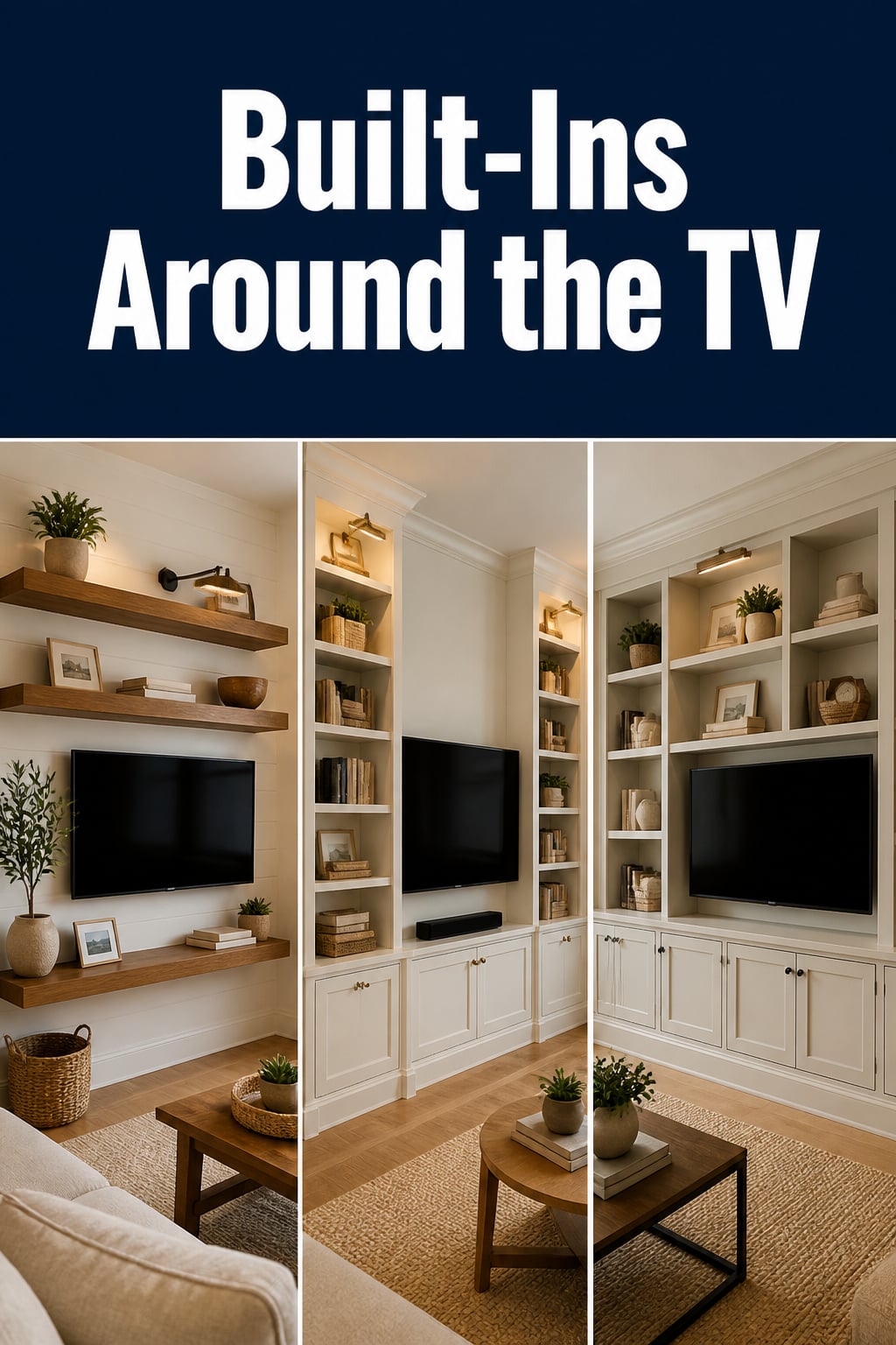 Three-panel Pinterest collage showing floating shelves, IKEA bookcase hack, and full custom built-in shelving around a wall-mounted TV