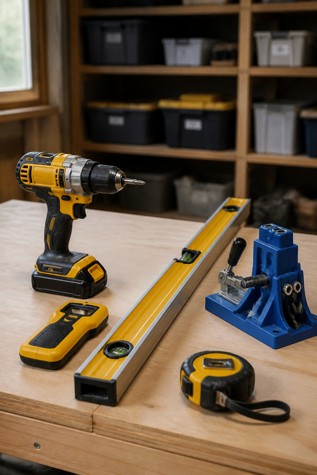 Cordless drill, stud finder, four-foot level and pocket-hole jig laid out on a workbench for a DIY bunk bed build