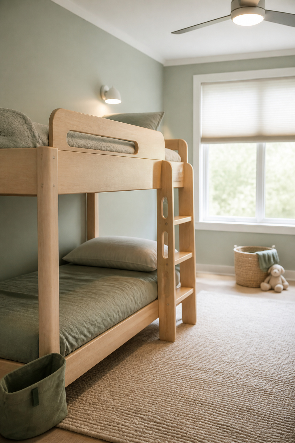 Low-profile bunk bed positioned with clear ceiling headroom and away from a window fitted with a cordless shade