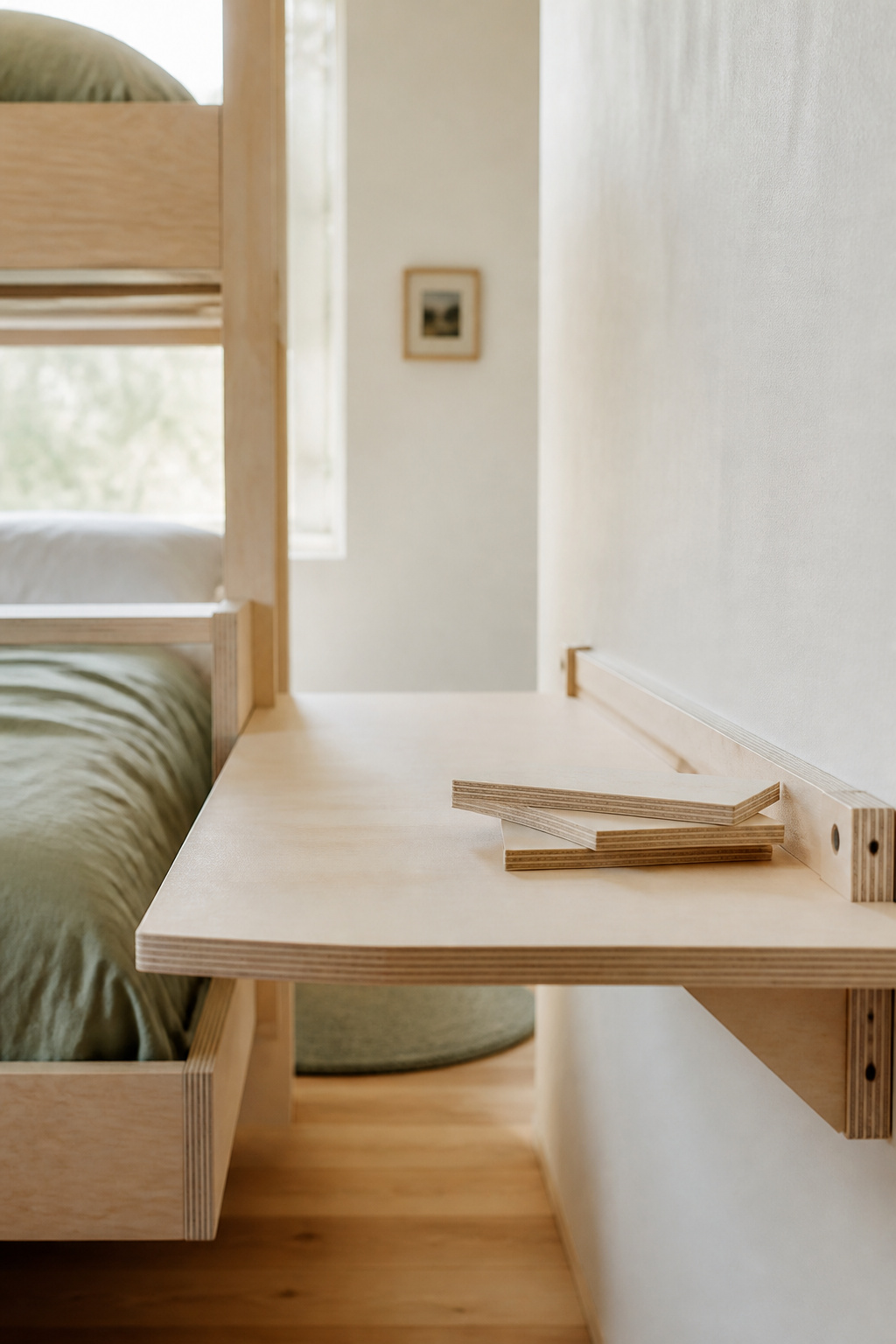 Wall-mounted plywood desk on cleats next to the base of a built-in bunk bed platform, same cleat construction method