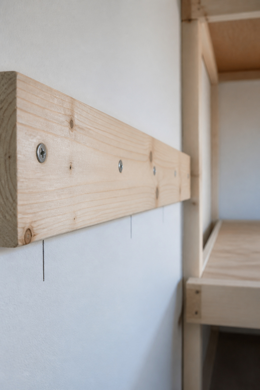 2x6 ledger board fastened to wall studs with structural screws during a DIY built-in bunk bed build