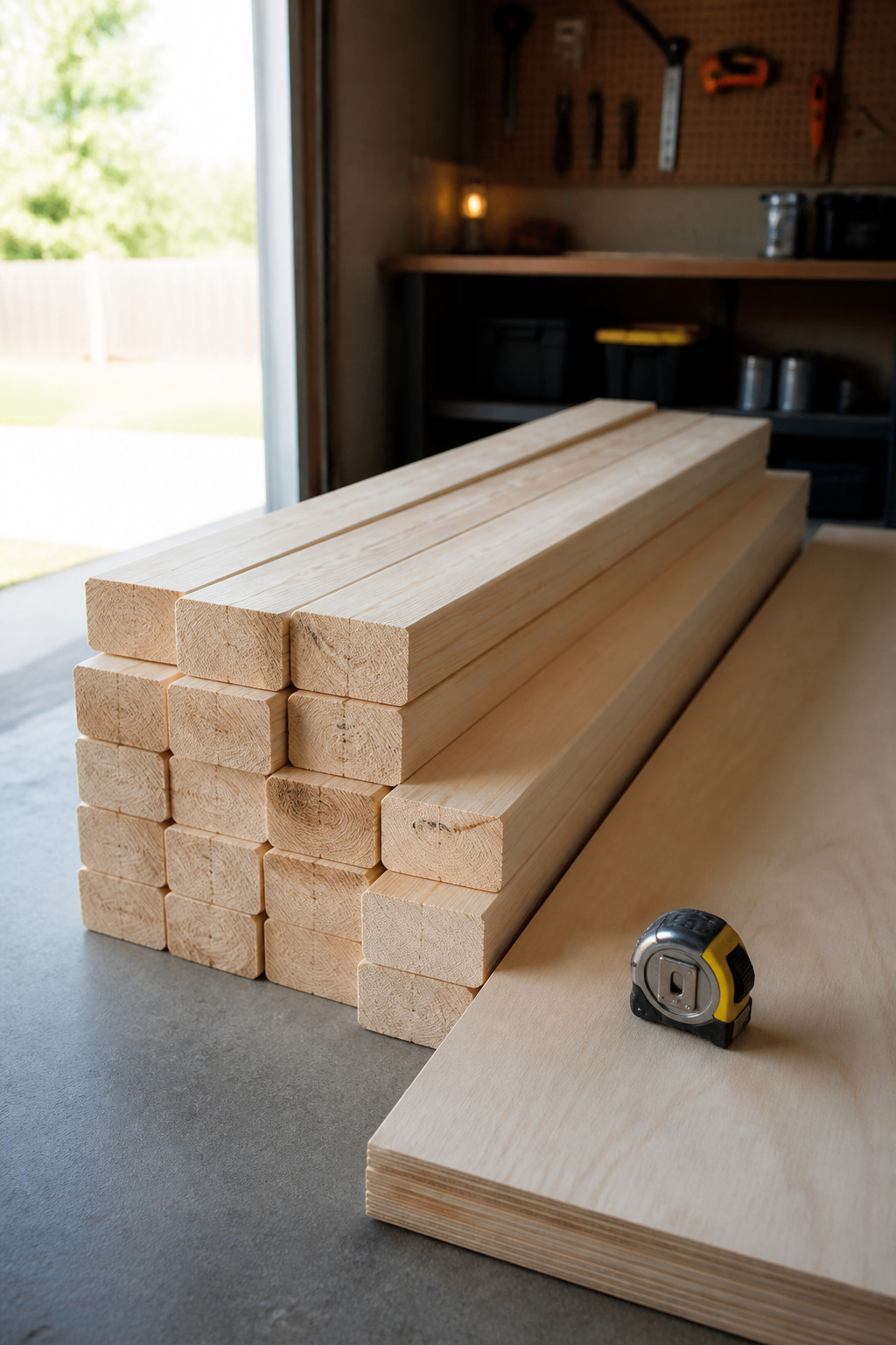 Stack of 2x4 and 2x6 SPF lumber next to a sheet of birch plywood on a garage floor, materials for a DIY built-in bunk bed