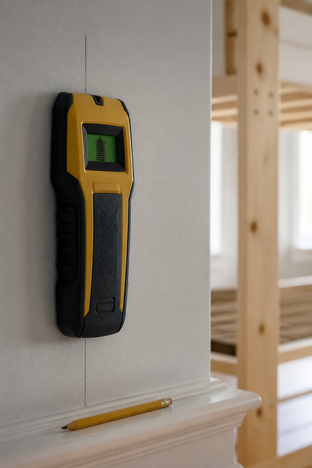 Stud finder held against a bedroom wall marking a stud location before installing a bunk bed ledger board