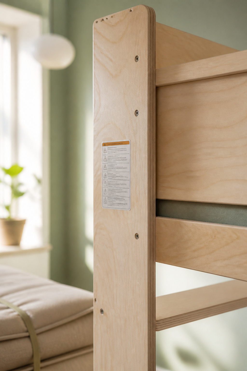Close-up of a bunk bed's birch end post showing the factory safety warning label near the top bunk